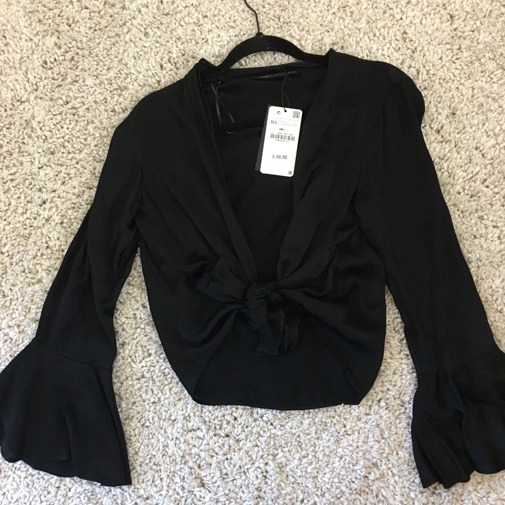 Zara Black Satin Tie in front Top Bell Sleeve